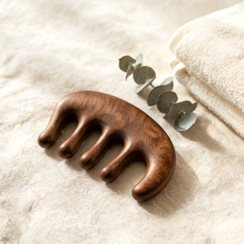 Wooden scalp massage comb styled with linen and eucalyptus