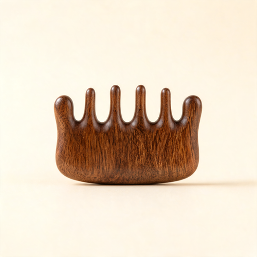 Wooden scalp massage comb on a cream background