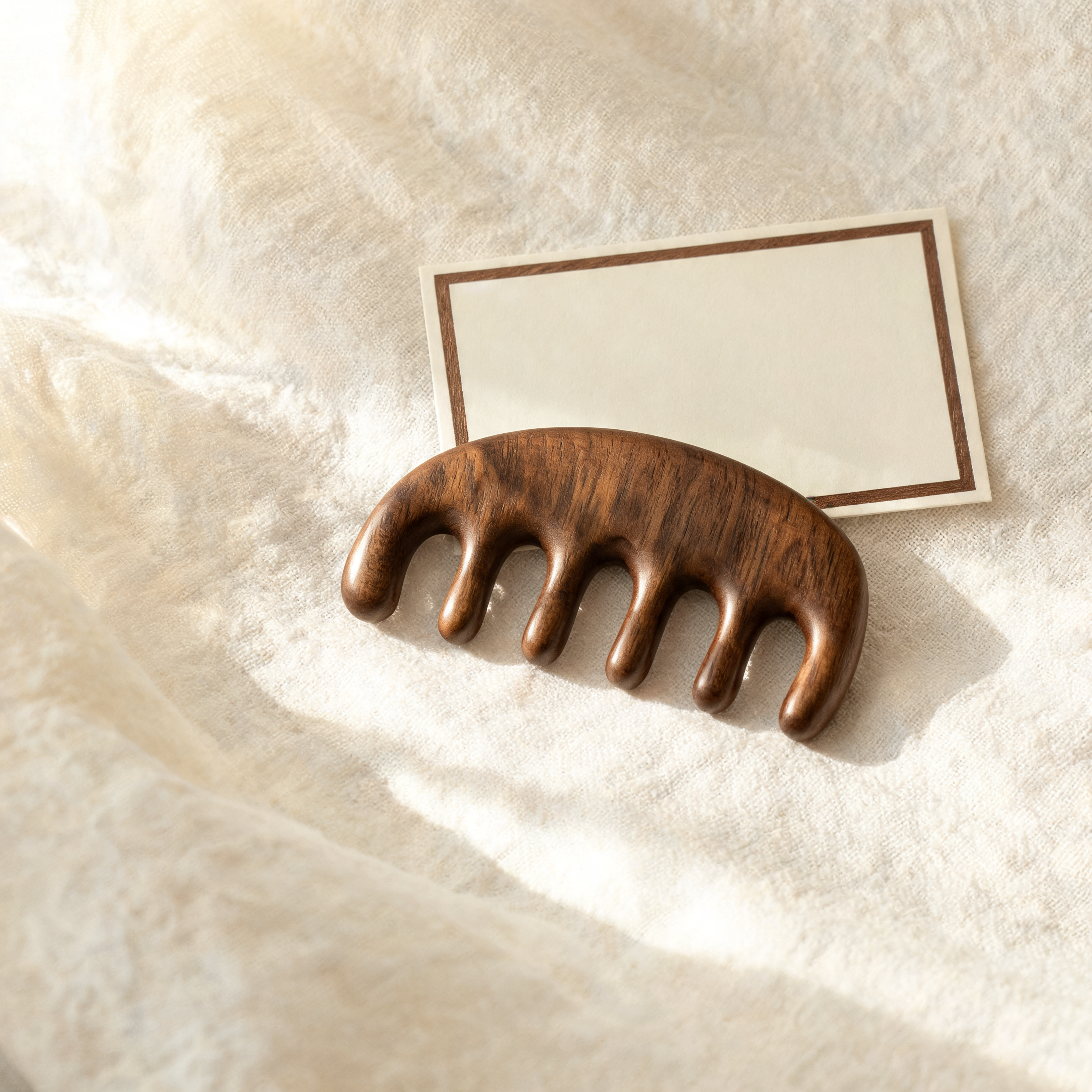 Wooden scalp massage comb and membership card, alternate view